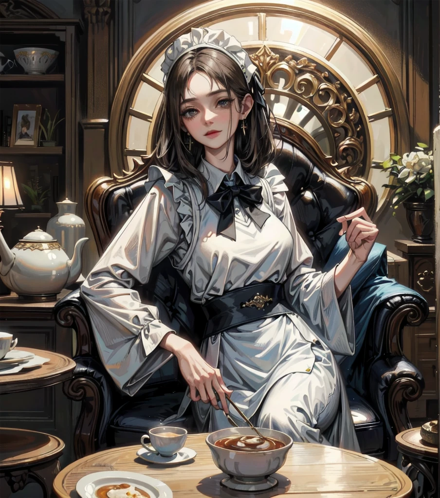 absurdres, RAW photo, extremely delicate and beautiful, masterpiece, Best Quality, ultra high resolution, 32k, hyperrealistic, ultra-detailed, Very detailed CG 8k wallpaper, detailed background, landscape, Beautiful Lighting, Perfect Lightning, Realistic Shadows, perfect anatomy, anatomically correct, perfect figure, Perfect Style, Perfect balance, super Detailed skin, in her 30s, very Slim body, narrow waist, very small head, very small face, delicate facial features, handsome detailed woman, very detailed eyes and face, realistic face proportions, Realistic beautiful face, Realistic beautiful eyes, tearful mole, earring, whole body shot, very huge round tits, medium hair, asymmetrical hair, outdoor, Beautuful Matured woman preparing tea_party in the garden, standing by the round table, dispensing a cup of tea, leaning forward, meisen's tea set, tea pot, tea cups, some cakes on dish, delicate and classy British style white table with gold accents and royal_blue, wearing light_brown maid uniform, maid costume, long flare skirts, apron, bow ties on the chest, long tall sally, 