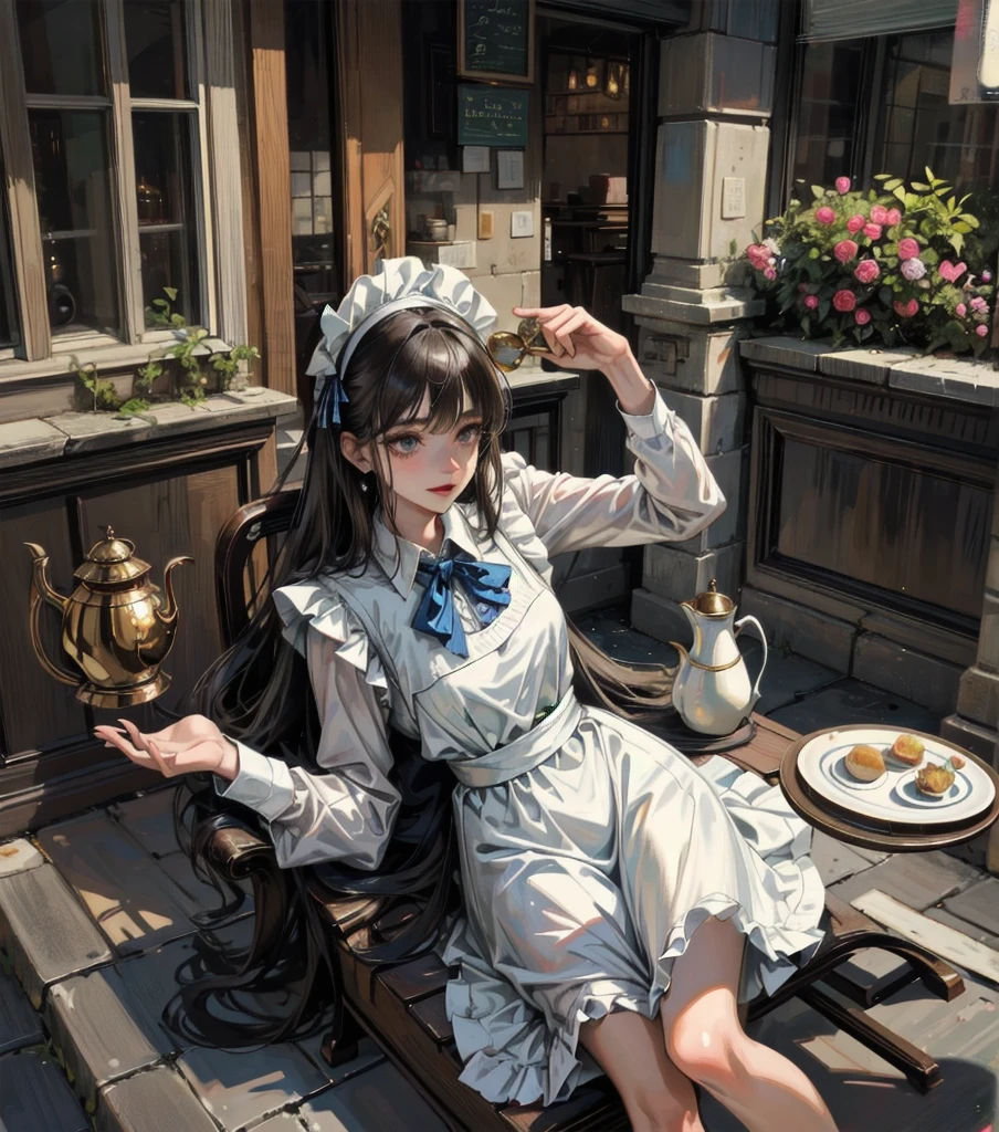 absurdres, RAW photo, extremely delicate and beautiful, masterpiece, Best Quality, ultra high resolution, 32k, hyperrealistic, ultra-detailed, Very detailed CG 8k wallpaper, detailed background, landscape, Beautiful Lighting, Perfect Lightning, Realistic Shadows, perfect anatomy, anatomically correct, perfect figure, Perfect Style, Perfect balance, super Detailed skin, in her 30s, very Slim body, narrow waist, very small head, very small face, delicate facial features, handsome detailed woman, very detailed eyes and face, realistic face proportions, Realistic beautiful face, Realistic beautiful eyes, tearful mole, earring, whole body shot, very huge round tits, medium hair, asymmetrical hair, outdoor, Beautuful Matured woman preparing tea_party in the garden, standing by the round table, dispensing a cup of tea, leaning forward, meisen's tea set, tea pot, tea cups, some cakes on dish, delicate and classy British style white table with gold accents and royal_blue, wearing light_brown maid uniform, maid costume, long flare skirts, apron, bow ties on the chest, long tall sally, 