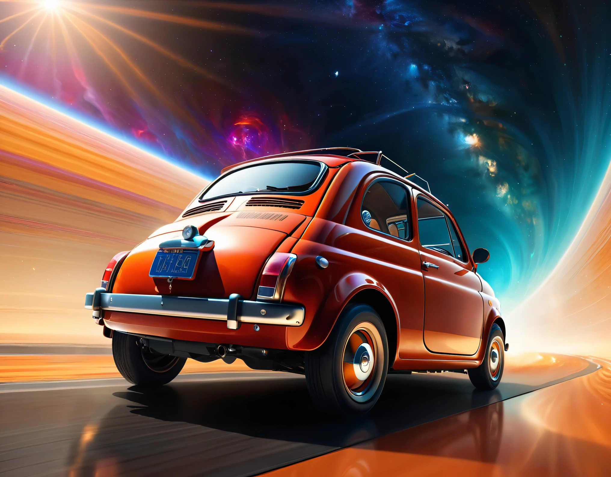 masterpiece,Highest quality,(Ultra Detailed CG Unity 8k Wallpaper),(Highest quality),(Best illustrations),(Best Shadow),Physical Rendering,Realistic lighting,Beautiful sparkle,A time machine made from a Fiat 500,(Detailed depiction of a car-type time machine:1.6),(Cut through space-time at breakneck speed and transcend time:1.6),(Depicting a sense of speed:1.6),(The background depicts the effect of crossing time and space.:1.6),(dynamic)