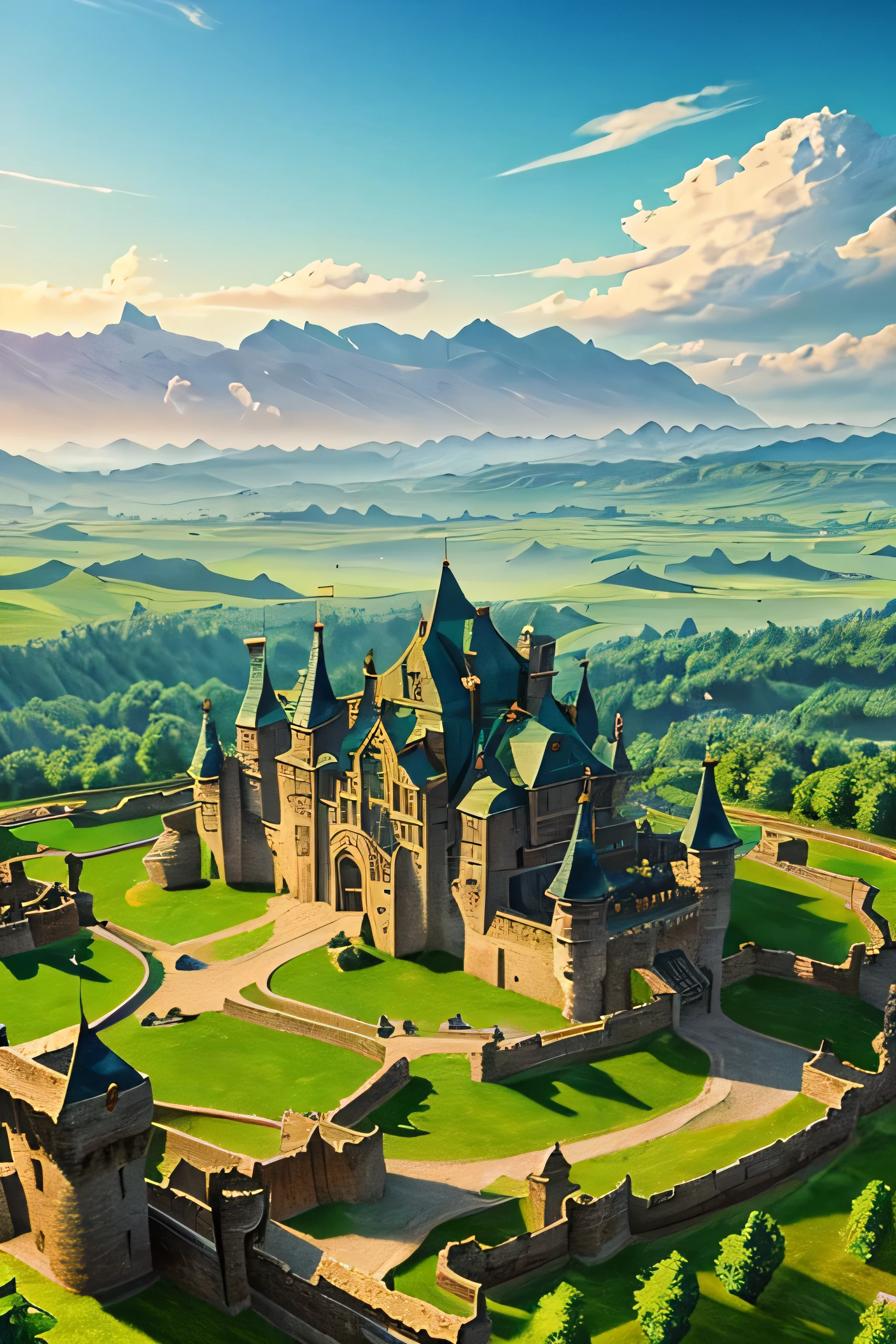 a painting of a castle in the middle of a green field, a matte painting by Victor Wang, Artstation, fantasy art, high fantasy castle, fantasy castle, fantasy scenic, castle background, fantasy highly detailed, fantasy mmo, flying cloud castle, high fantasy landscape, fantasy scene, fantasy art landscape, fantasy world, epic castle with tall spires, medieval fantasy landscape