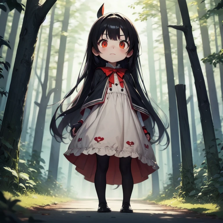 Young Girl,,Wearing a one-piece dress,Mini character,Red eyes,Black Hair,Long Hair,Dark atmosphere
