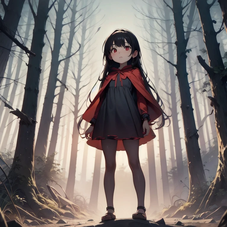 Young Girl,,Wearing a one-piece dress,Mini character,Red eyes,Black Hair,Long Hair,Dark atmosphere
