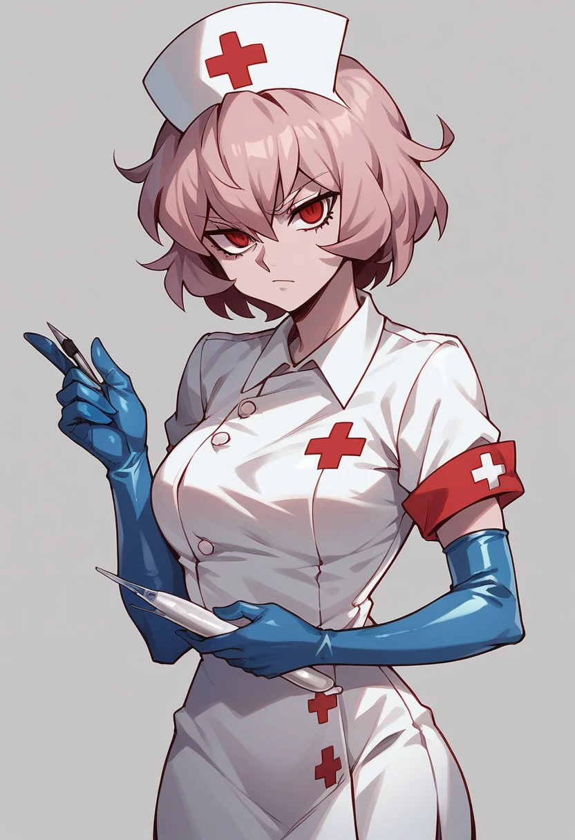 1girl, malina \(helltaker\), ((blue elbow gloves)), (surgical latex gloves), (nurse uniform), ((long sleeves)), looking at viewer, standing, solo