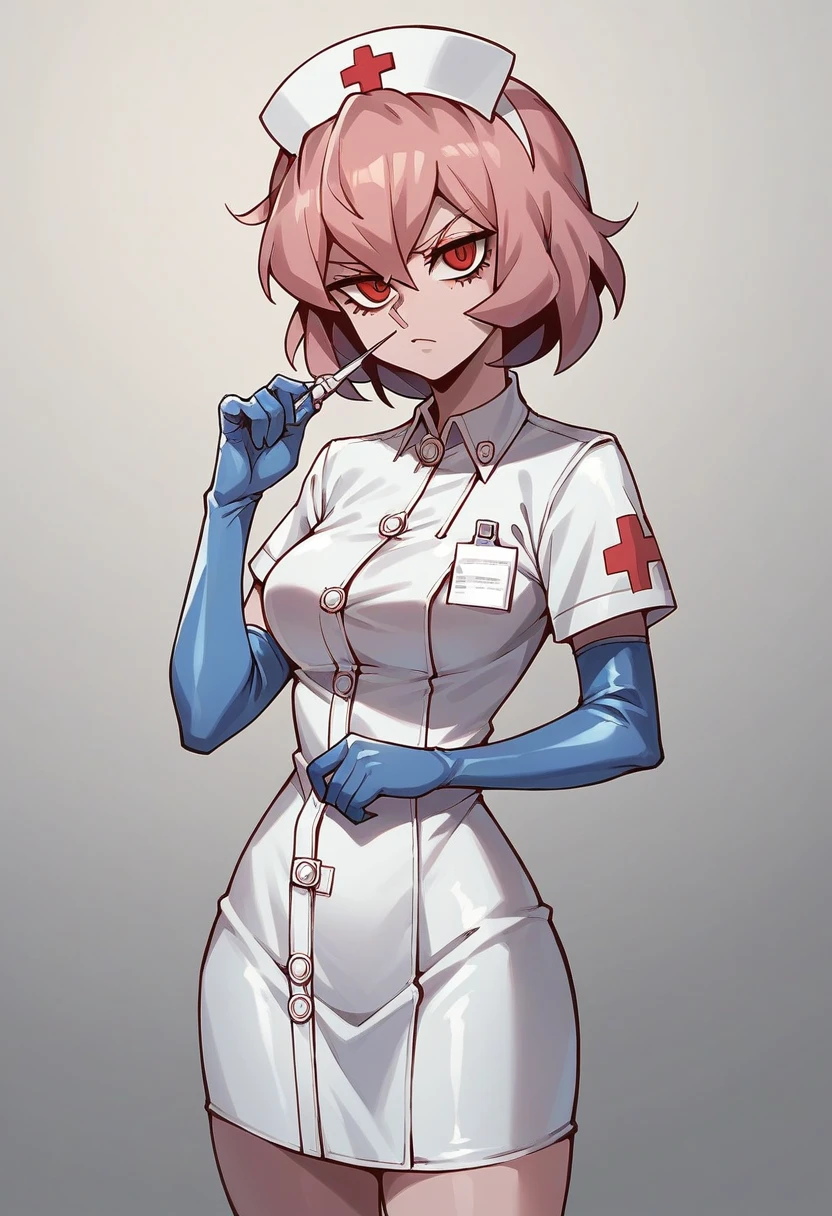 1girl, malina \(helltaker\), ((blue elbow gloves)), (surgical latex gloves), (nurse uniform), ((long sleeves)), looking at viewer, standing, solo