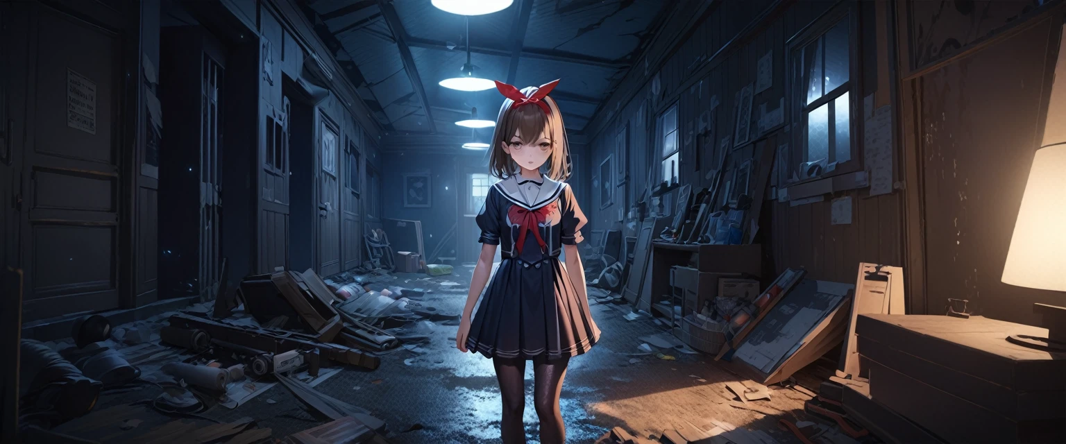 (Highest quality,4K,High resolution),Very detailed,Realistic, Japanese , Looks scared, Long brown hair,Mysterious, Ecomodernism, Bokeh, Ribbon Headband,Small breasts,futuristic sailor lolita dress,Puff sleeves,White and blue,Colorful lighting, Red ribbon, Dark blue pantyhose,sports boots, Have a flashlight, Walking alone through a haunted abandoned house, At night, Low light, darkness, Very detailed, 4K.