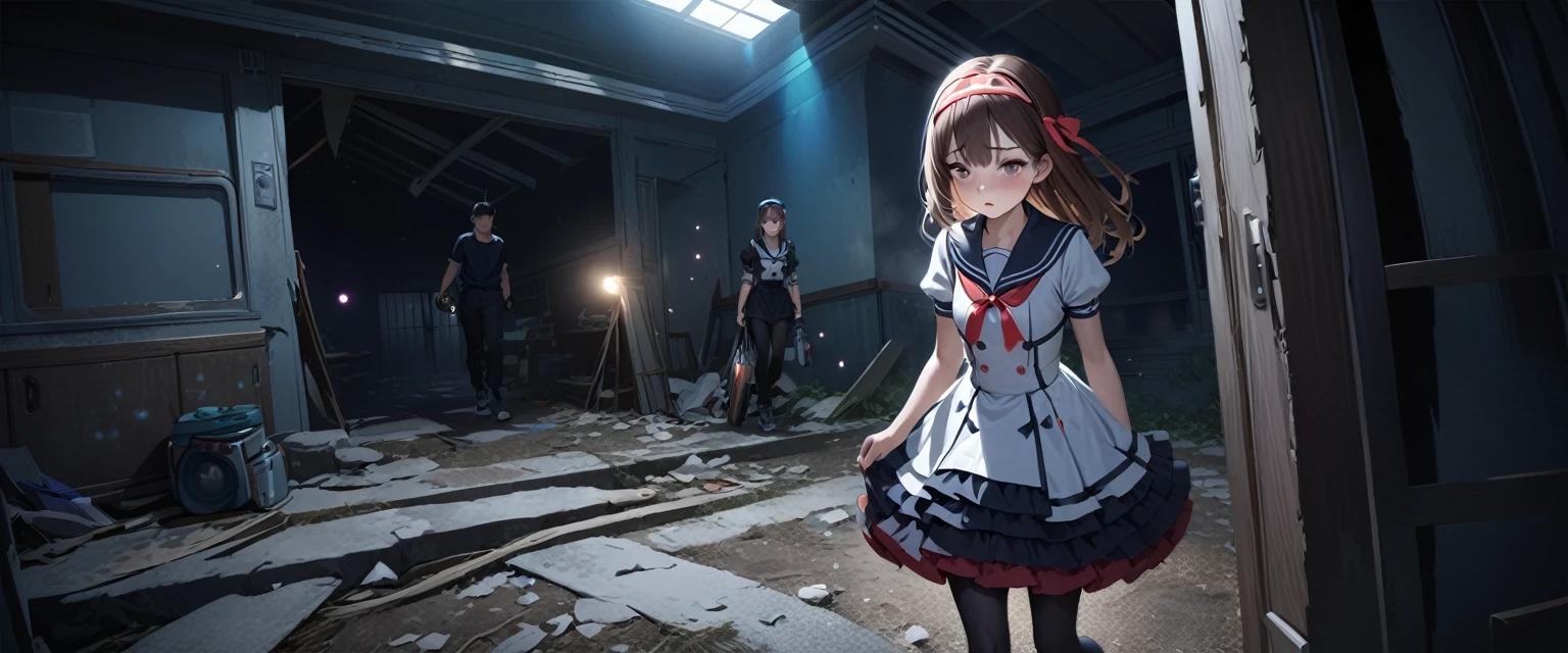 (Highest quality,4K,High resolution),Very detailed,Realistic, Japanese , Looks scared, Long brown hair,Mysterious, Ecomodernism, Bokeh, Ribbon Headband,Small breasts,futuristic sailor lolita dress,Puff sleeves,White and blue,Colorful lighting, Red ribbon, Dark blue pantyhose,sports boots, Have a flashlight, Walking alone through a haunted abandoned house, At night, Low light, darkness, Very detailed, 4K.