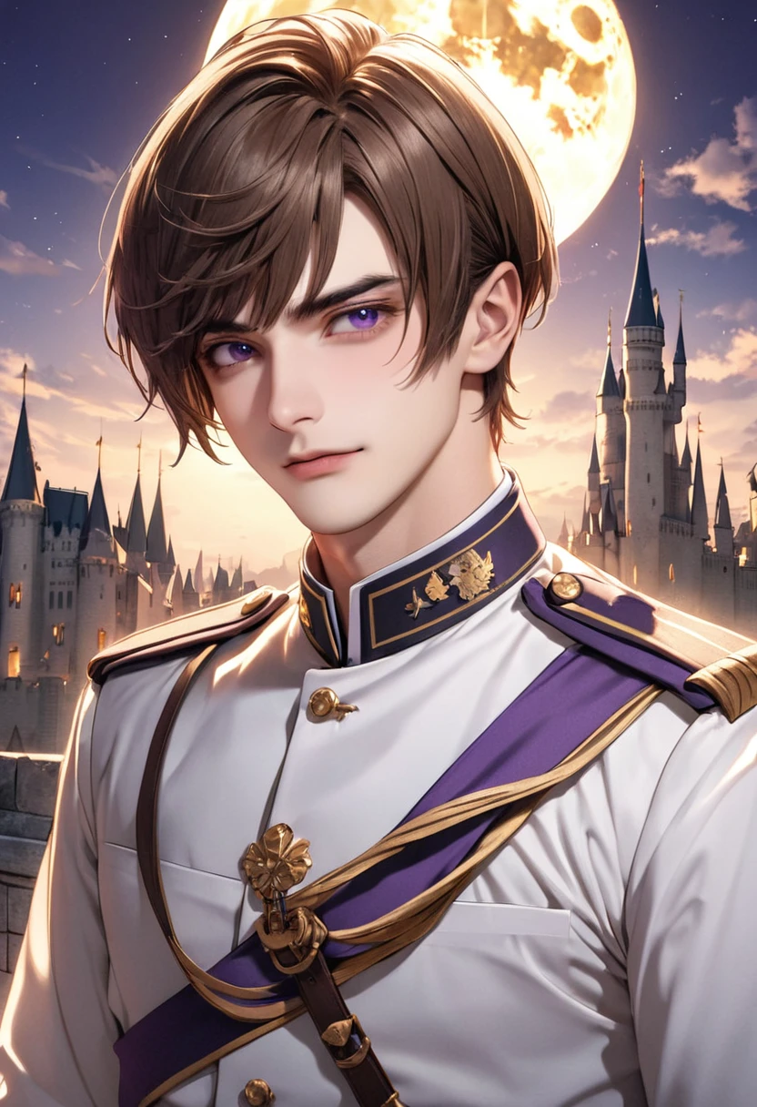 1 male Down Bangs Brown hair and eyebrows Purple Eyes White military uniform Castle and full moon