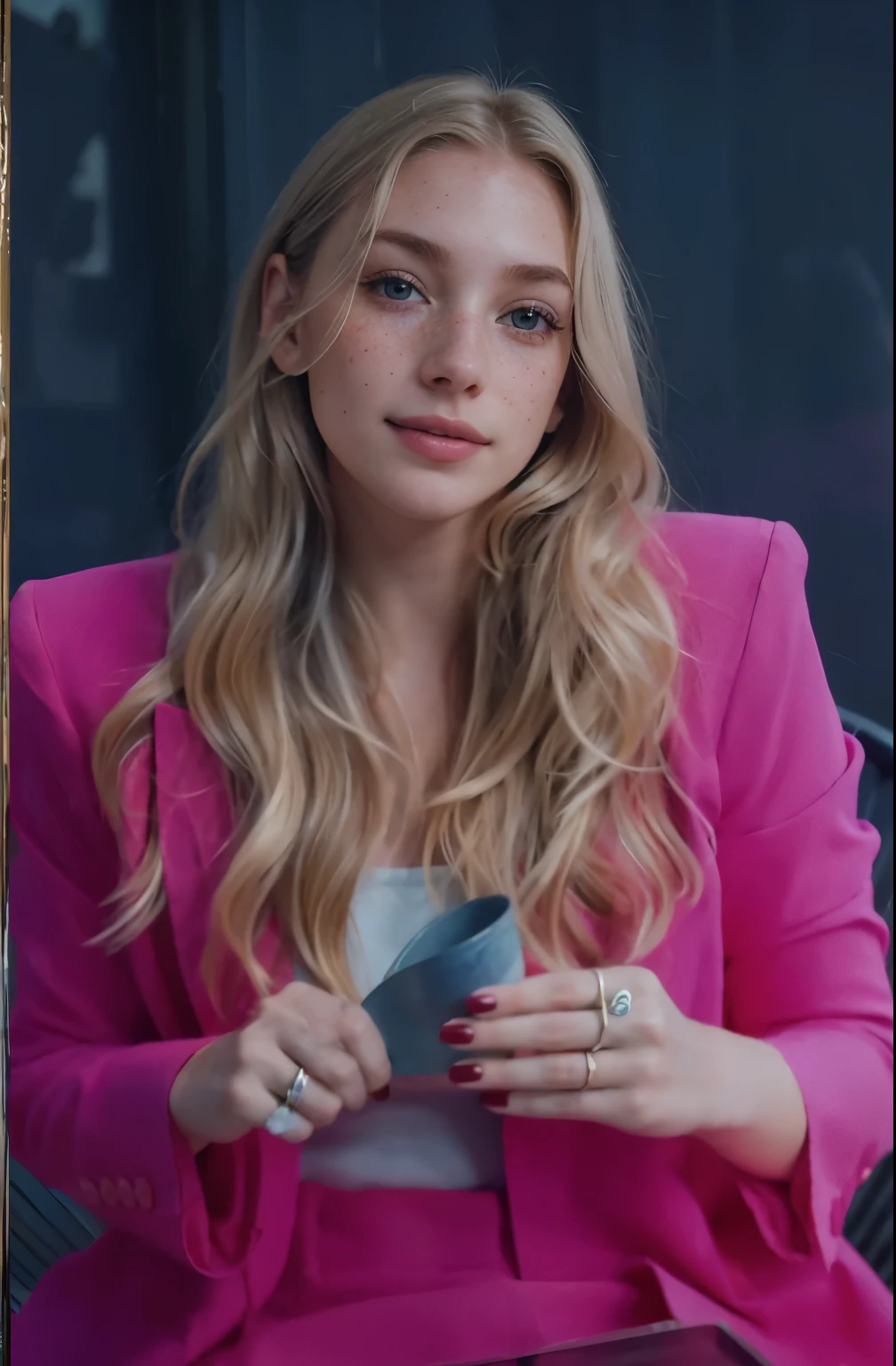 Woman, americana, age 25, pale skin and freckles, gray eyes, delicate nose, soft and delicate lips, far away, cabelo blondie far away e ondulado na altura da cintura, sweet smile, face with delicate feminine facial features, highly rendered