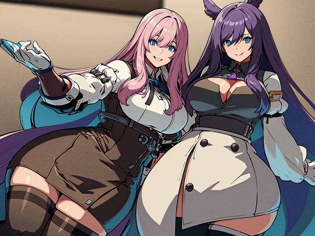 High detailed, 1 girl, solo, Violet long hair, blue eyes,  busty, firm chunky body white shirt, , deep cleavage, Juliet sleeves, pencil skirt, black thighhighs, white gloves, tall, smiling