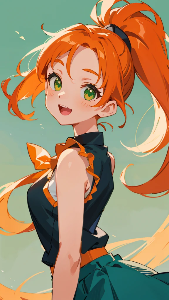 masterpiece、Highest quality、1 girl、anime painting、Orange Hair、Beautiful green eyes、Side Ponytail、Sleeveless shirt、Black Skirt、Upper body close-up、From the side、Laughing with your mouth open、Cinema Lighting、Sharp contours