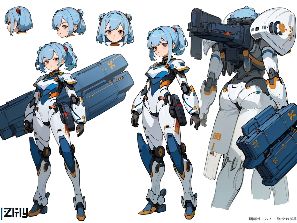 ((masterpiece)),(((best quality))),(character design sheet, same character, front, side, back), illustration, 1 girl, hair color, hairpin, bangs, hairstyle fax, eyes, environment Scene change, hairstyle fax, pose Zitai, female, mecha bodysuit piloy, mecha armor (simple background, white background: 1.3)