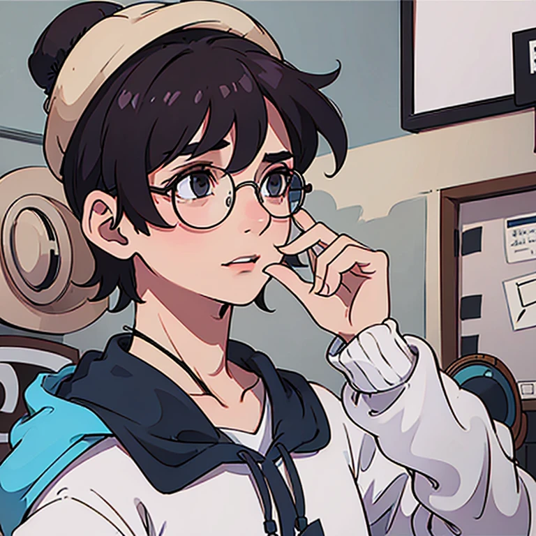 there was a man wearing a hat and round glasses standing in a room wearing a hoodie