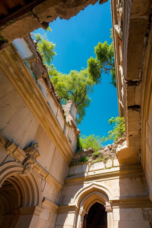 ((Highest quality)), ((masterpiece)), (detailed), In the ruins of the palace,Invasive plants,The collapsing ceiling,Weathered wall painting,Colorful