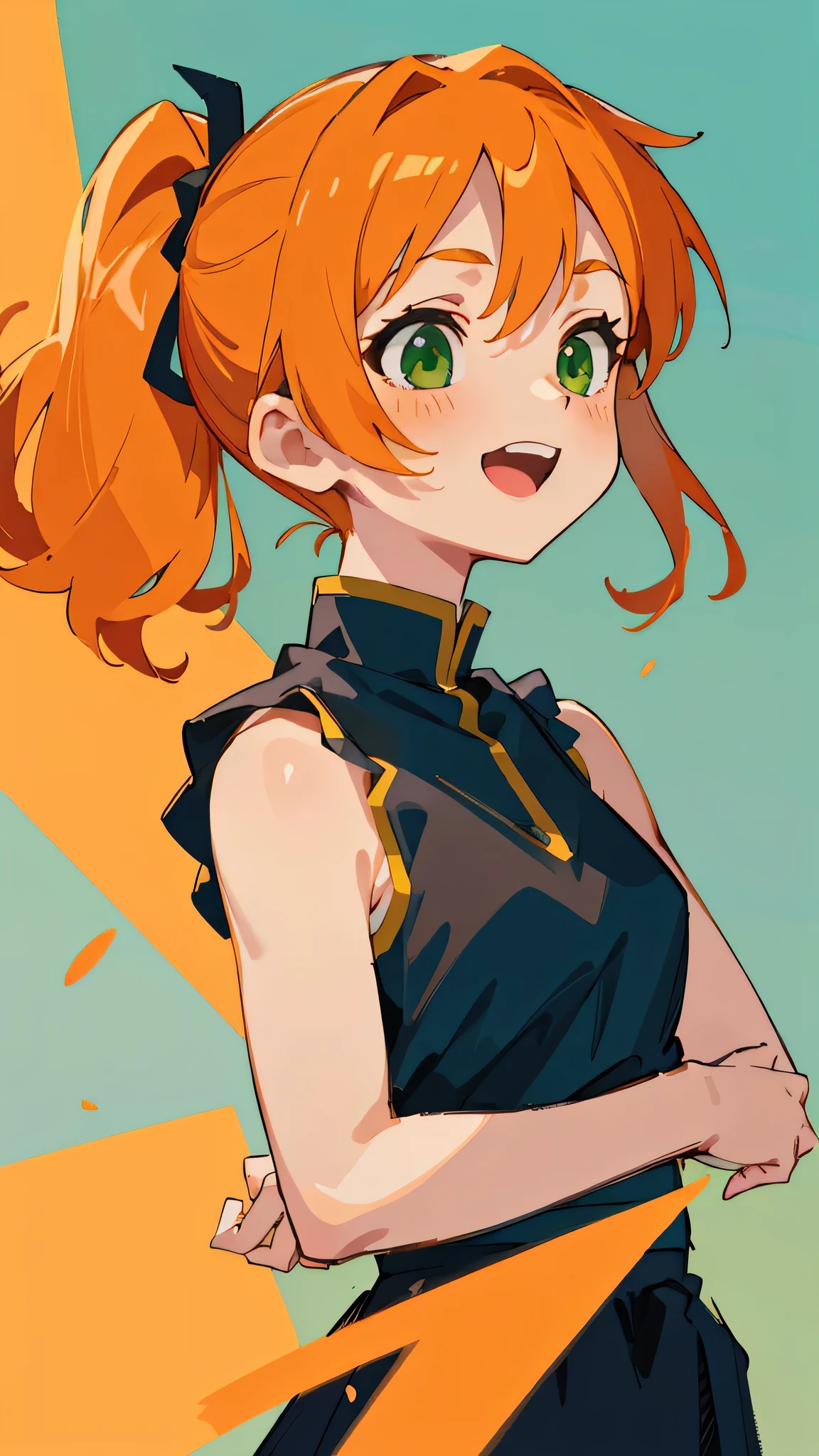 masterpiece、Highest quality、1 girl、anime painting、Orange Hair、Beautiful green eyes、Side Ponytail、Sleeveless shirt、Black Skirt、Upper body close-up、From the side、Laughing with your mouth open、Cinema Lighting、Sharp contours