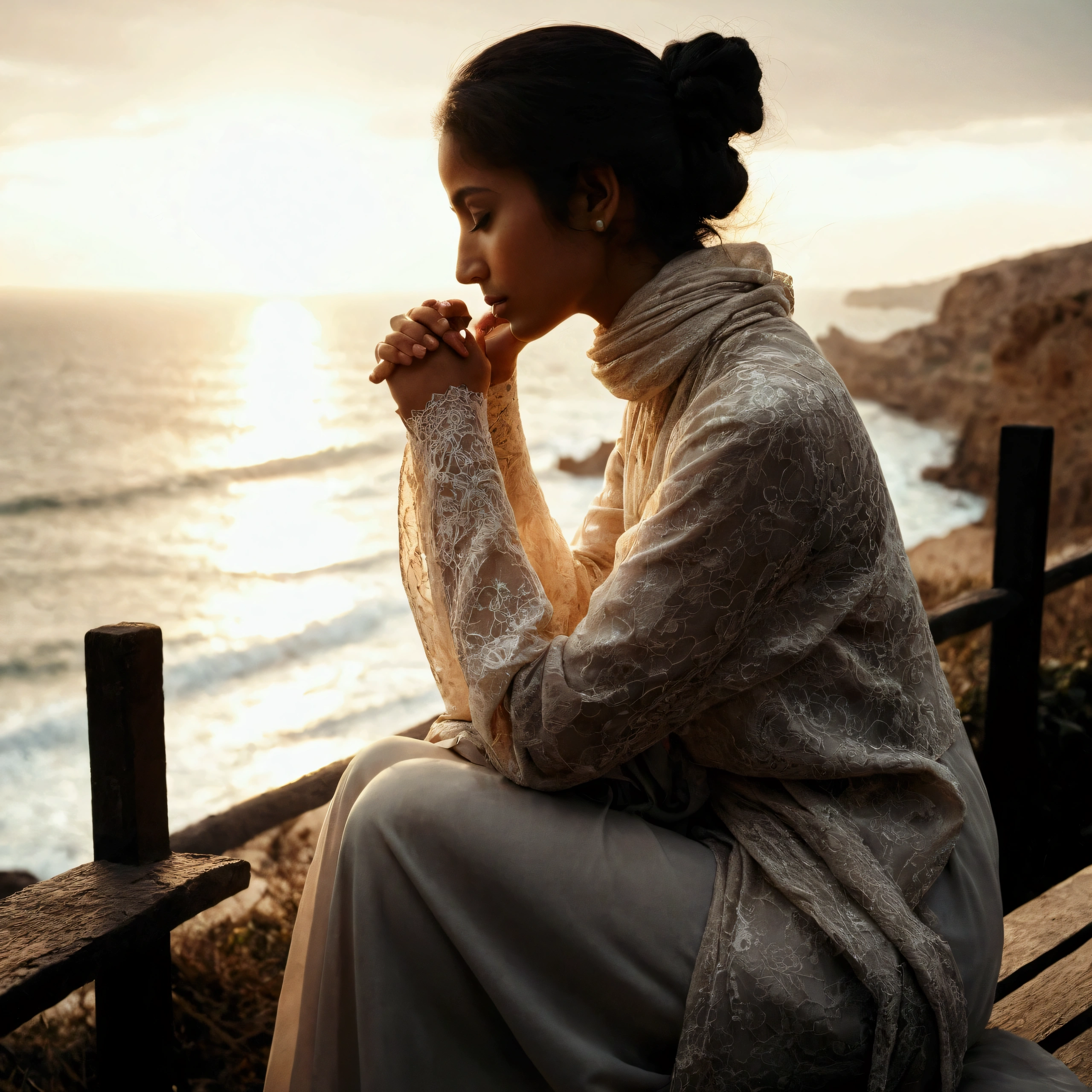 Arabian woman sitting on a bench looking at the sea, Thoughtful pose, Deep in thought, Lost in Thought, Lost in Thought, Lost in Thought , Thoughtful, Thoughtful ), ひざまずいてpray, distant Thoughtful look, pray at the sun, pray, Cliff Side, Lost in Thought expression, Vogue magazine photo, Lost in Thought and hopeful expression, Girl watching sunset
