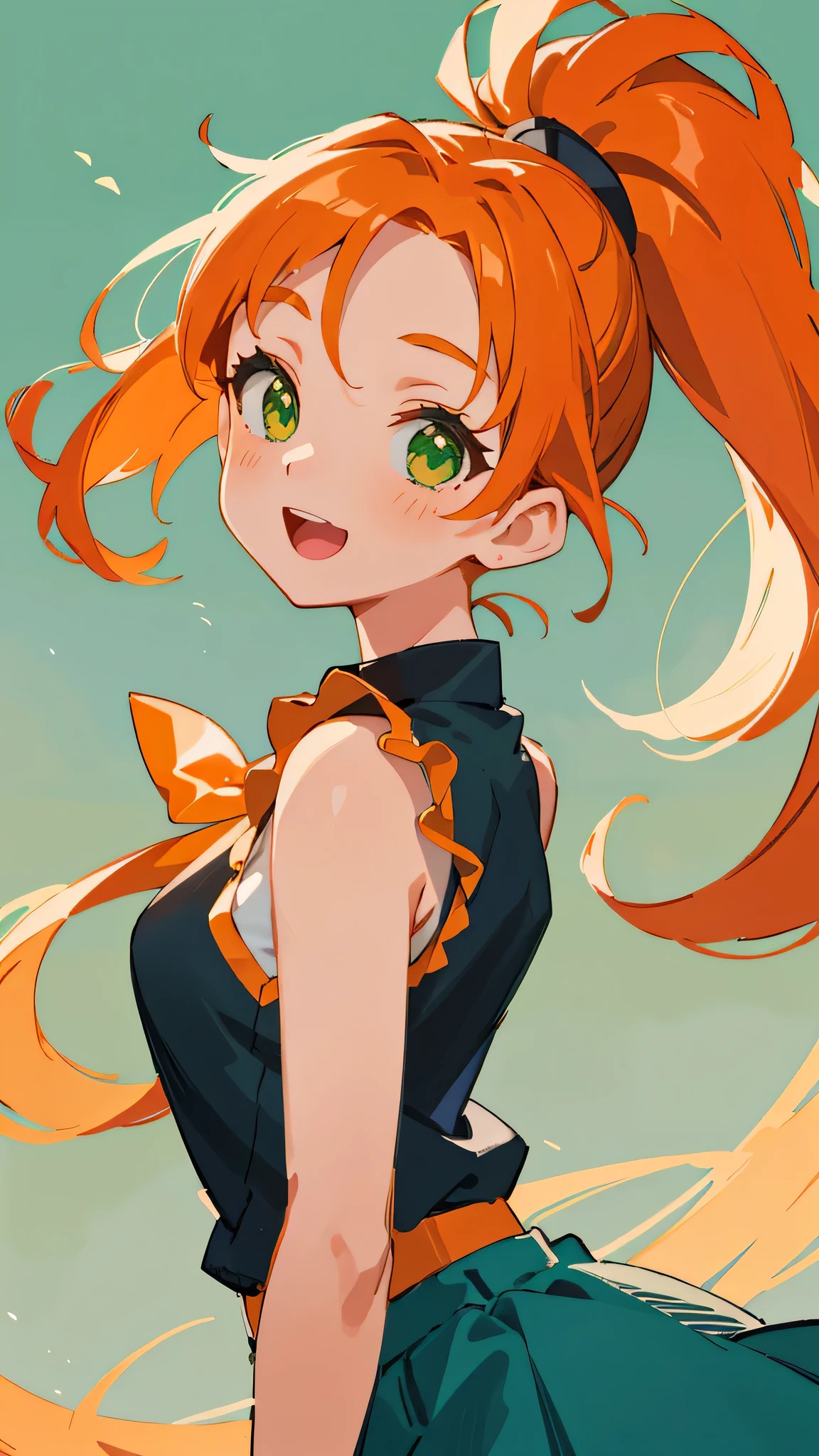 masterpiece、Highest quality、1 girl、anime painting、Orange Hair、Beautiful green eyes、Side Ponytail、Sleeveless shirt、Black Skirt、Upper body close-up、From the side、Laughing with your mouth open、Cinema Lighting、Sharp contours