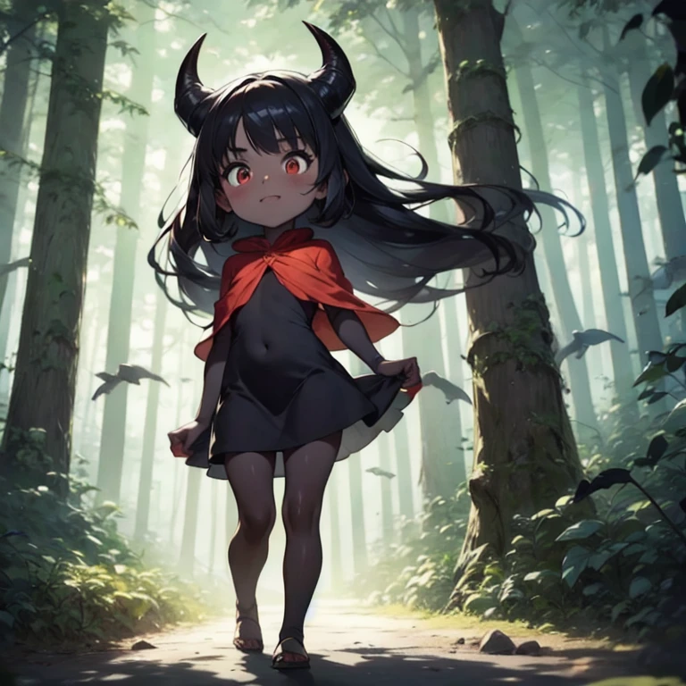 Young Girl,,Wearing a one-piece dress,Mini character,Red eyes,Black Hair,Long Hair,Dark atmosphere,Deformed character,Horns growing
