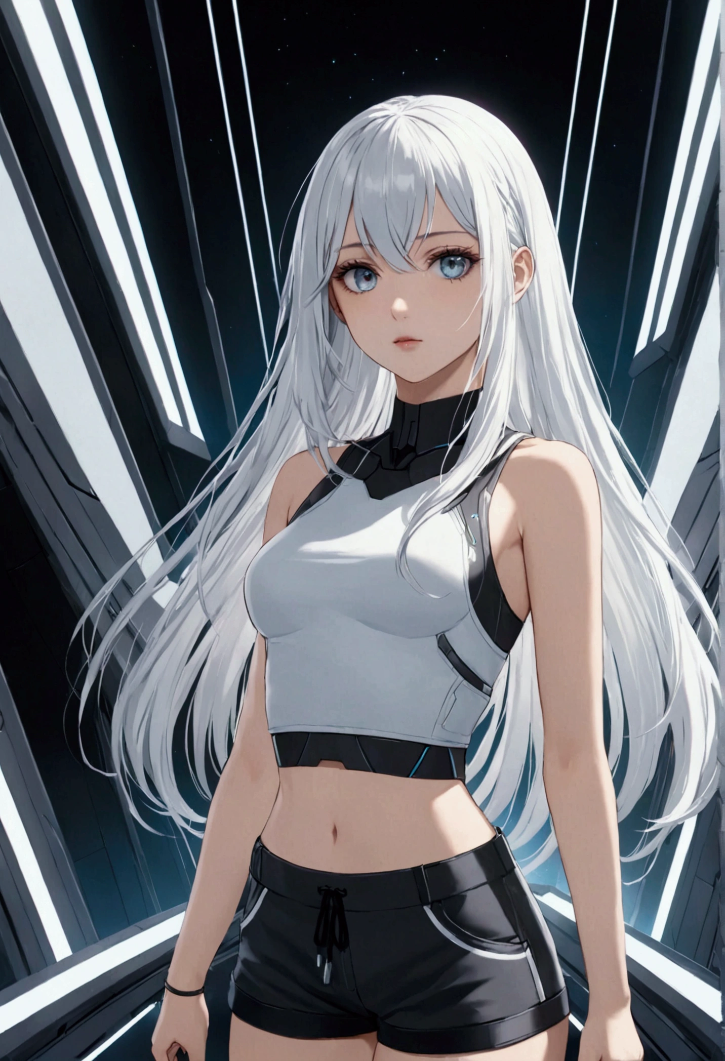 Long white hair , grey eyes, fair skin,croptop and shorts,detailed hair, detailed eyes,detailed body,long shot, best quality, high resolution, 8k