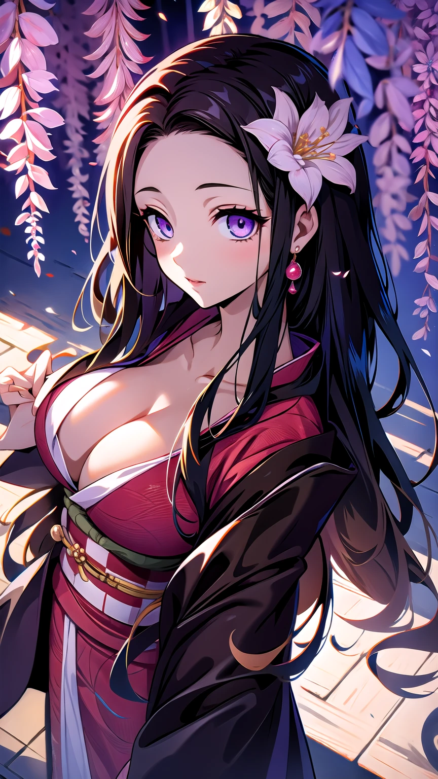 (Highest quality),(masterpiece), 8k,Very detailed, Detailed light, Best Shadow,Detailed reflective eyes, Beautiful Eyes, Very detailedな顔,Shiny Hair,sexy,Big Breasts,Charm,One person,Gloss,nezuko,Demon slayer,kimono,Black Hair,Wisteria flower,Charm,Expressionless,looking at the camera,Standing posture,Glowing Eyes,From above,night,