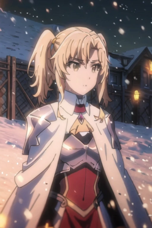 GoblinSlayer, NobleFencer, solo, girl1, long sleeves, brown eyes, white cape, armor, shoulder armor, portrait, red ascot, standing, Best Quality, moon, night, snowy