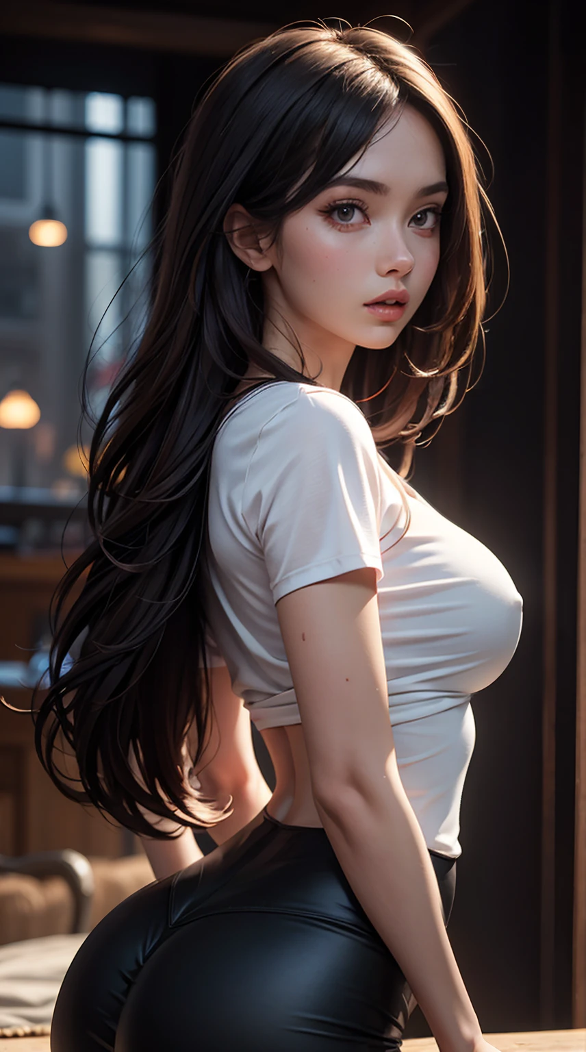 A beautiful girl with long brown hair, tight T-shirt, black leggings, detailed facial features, detailed breasts, detailed buttocks, beautiful detailed eyes, beautiful detailed lips, extremely detailed face, longeyelashes, photorealistic, 8k, hyperrealistic, highly detailed, masterpiece, cinematic lighting, vibrant colors, dramatic composition