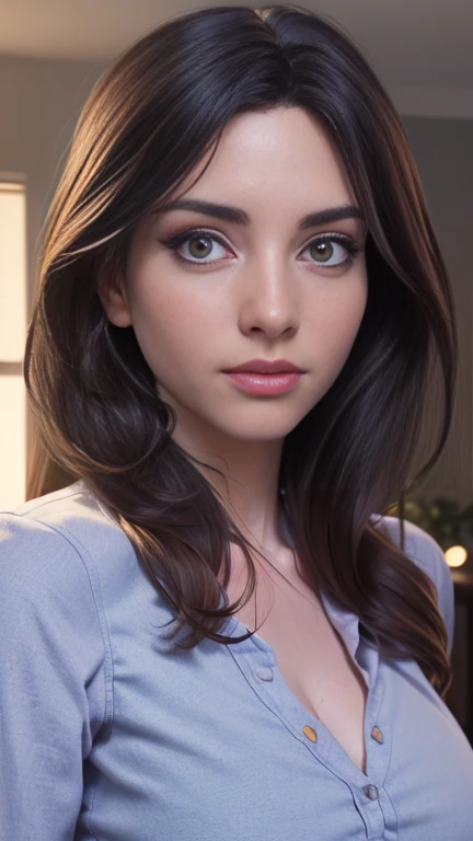 photo of Sweet Anita, RAW, beautiful woman, ((portrait)), ((detailed face:1.2)), ((detailed facial feature, detailed skin, clear skin), (perfect proportioned body), (wearing a v-neck dress shirt) (high detailed city environment, apartment balcony), (realistic photo, best quality, detailed), (8k wallpaper), (cinematic lighting, dramatic lighting) (sharp focus, intricate)