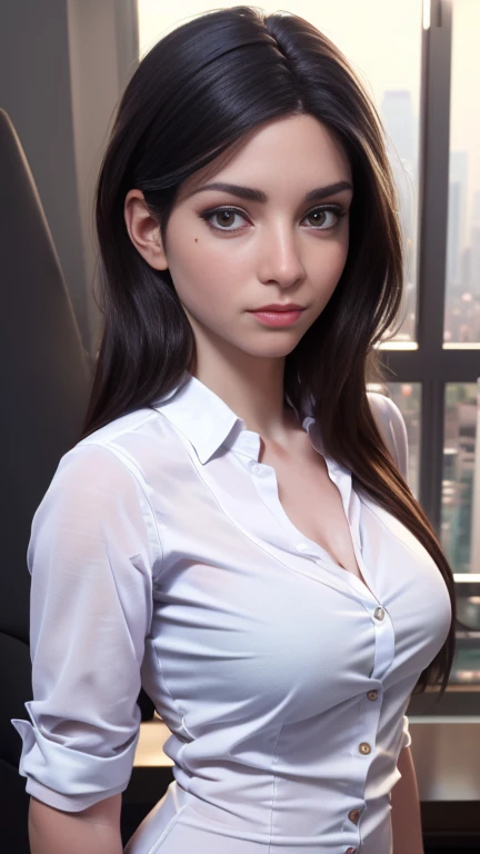 photo of Sweet Anita, RAW, beautiful woman, ((portrait)), ((detailed face:1.2)), ((detailed facial feature, detailed skin, clear skin), (perfect proportioned body), (wearing a v-neck dress shirt) (high detailed city environment, apartment balcony), (realistic photo, best quality, detailed), (8k wallpaper), (cinematic lighting, dramatic lighting) (sharp focus, intricate)