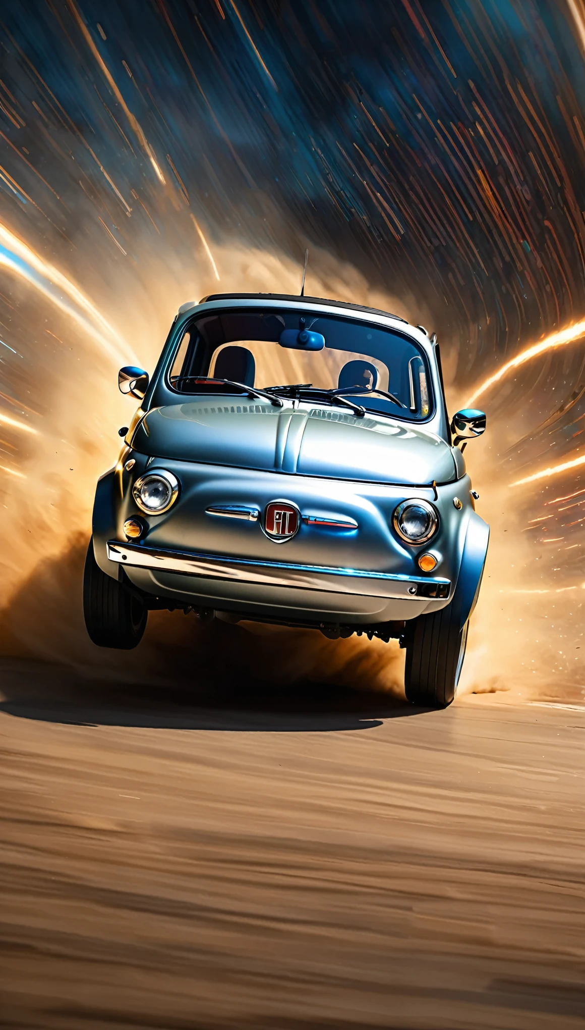 masterpiece,Highest quality,(Ultra Detailed CG Unity 8k Wallpaper),(Highest quality),(Best illustrations),(Best Shadow),Physical Rendering,Realistic lighting,Beautiful sparkle,Ultra-fine painting,Narrow your focus,(A time machine modified from a matte metallic silver Fiat 500:1.6),(Detailed depiction of a car-type time machine:1.3),(From the back:1.6),(Cut through space-time at breakneck speed and transcend time:1.6),(Depicting a sense of speed:1.6),(The background depicts the effect of crossing time and space.:1.6),(dynamic),(Retro-future),(sf),(composed of elements of thunder,thunder,electricity)