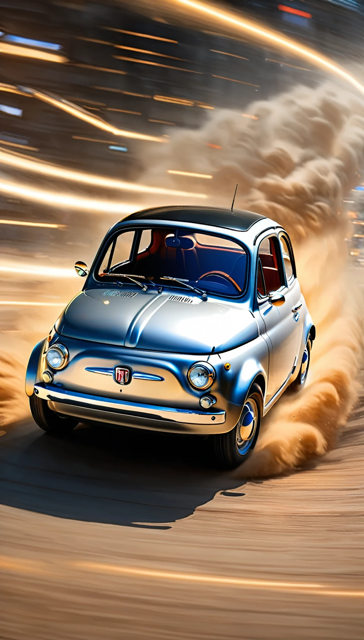 masterpiece,Highest quality,(Ultra Detailed CG Unity 8k Wallpaper),(Highest quality),(Best illustrations),(Best Shadow),Physical Rendering,Realistic lighting,Beautiful sparkle,Ultra-fine painting,Narrow your focus,(A time machine modified from a matte metallic silver Fiat 500:1.6),(Detailed depiction of a car-type time machine:1.3),(From the back:1.6),(Cut through space-time at breakneck speed and transcend time:1.6),(Depicting a sense of speed:1.6),(The background depicts the effect of crossing time and space.:1.6),(dynamic),(Retro-future),(sf),(composed of elements of thunder,thunder,electricity)