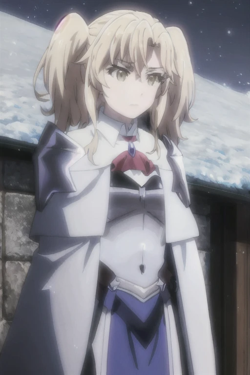 GoblinSlayer, NobleFencer, solo, girl1, long sleeves, brown eyes, white cape, armor, shoulder armor, portrait, red ascot, standing, Best Quality, moon, night, snowy