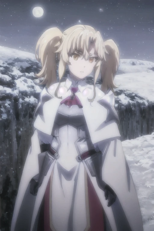 GoblinSlayer, NobleFencer, solo, girl1, long sleeves, brown eyes, white cape, armor, shoulder armor, portrait, red ascot, standing, Best Quality, moon, night, snowy