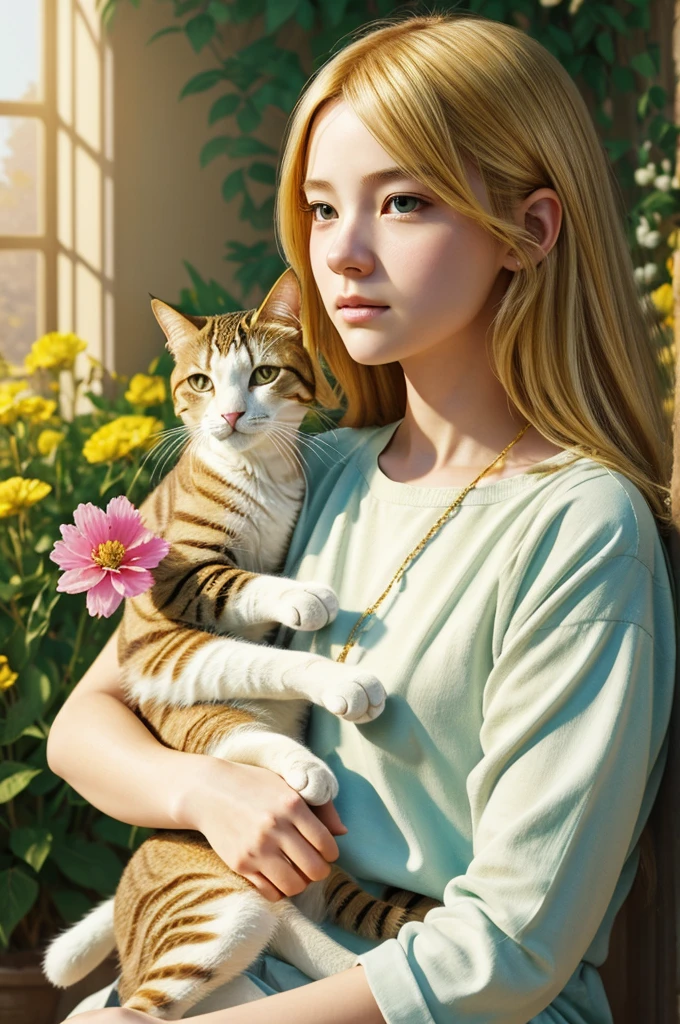 A woman sitting on the ground holding a cat, Stanley Artgerm, blonde hair human head, CGSociety, colors: yellow, inspired by Luo Mu, portrait of a normal teenage girl, real-life characters, pink girl, anime still image, hyper-real, by Gu Hongzhong, marvelous designer 3D rendered, pastel simple art. Multicolored flowers and golden sunlight, creating a highly detailed image with a wide depth of field, luminous mapping, and high dynamic range, a masterpiece in the style of John Singer Sargent.