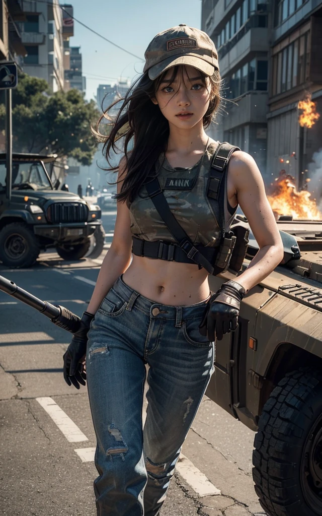(8K, RAW photos, best quality, masterpiece:1.2),(Practical, Practicalな写真:1.4),(Highly detailed CG Unity 8K wallpaper),(Round Face: 1.5), (Fine pupils:1.3),(Cool Eyes:1.1),(Unforgettable eyes:1.1),(You have beautiful eyes:1.1),
24 years old, Japanese woman, Dirty face, It's full of scars、call、Bronze skin, You are wearing clothes.S. Marines,Bulletproof vest、Backpack、heavy equipment、 Battles on the battlefield, Strong muscles, World War, Modern war themes,Army girl, running、Assault rifle with precise details, (Hold on to your rifle.: 1.3), (Aim and hold the rifle.: 1.3), Shootout, army, American city、Baseball cap, car on fire, War Zone,, explode, Burning City, cigarette, Broken Tower, belly button, Gloves, Torn pants, A face stained with mud and blood, Sweating of the skin, Bloody Skin, muddy skin, Declaration of determination, Accurate expression, best quality, Ultra-high resolution, Practicalな, 、Physically Based Rendering(Physically Based Rendering(Physically Based Rendering)), Movie Lighting, complicated, Movie-like feel,Like soft light, Pleasant tone, Battlefield Background, city war background, Practical, Cowboy shooting, Dynamic Angle,, Mahindra Thar, electric wire, 8K!!, 偉大なmasterpiece,, Production: Tom Karafik、Impressive turn of posture