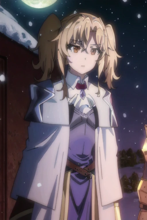 GoblinSlayer, NobleFencer, solo, girl1, brown eyes, white cape, armor, shoulder armor, portrait, red ascot, standing, Best Quality, moon, night, snowy