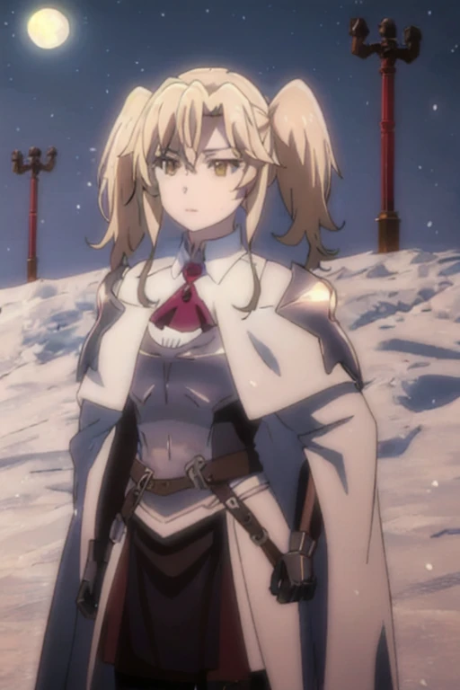 GoblinSlayer, NobleFencer, solo, girl1, brown eyes, white cape, armor, shoulder armor, portrait, red ascot, standing, Best Quality, moon, night, snowy