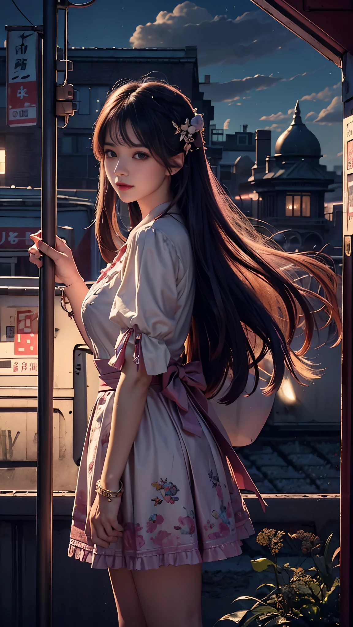 magenta tint、vibrant with colors、((tmasterpiece)))、(((quality)))、((ultra - detailed))、(Surreal)、(Very detailed CG illustration)、offcial art、CD cover、It will be、midsummer、The glorious 1980s、1 Sister,ssmile、cochetti gorgeous、incomparable beauty、long whitr hair,short blouse,Superskirt、perfect angle、Perfectcomposition、corner store,(evening,trains station,trains,Cloud),