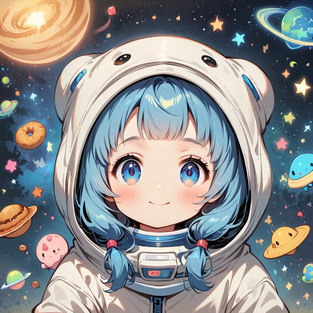 Young girl sitting in a spacesuit floating in space,blue hair, Surrounded by the Milky Way, universe , Cutely. Eat snacks, meet aliens