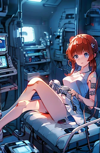 android, beautiful robot, short pigtails, brown hair, Hair tie with two big red clothespins, big smile, brown hair, middle age, joint seam, blue eyes, full body figure, Height: 160cm, Light beige micro mini dress, fluttering skirt, skirt folds, white retro swimwear, Uplifting, 2020s anime style, 21thcentury japan animation