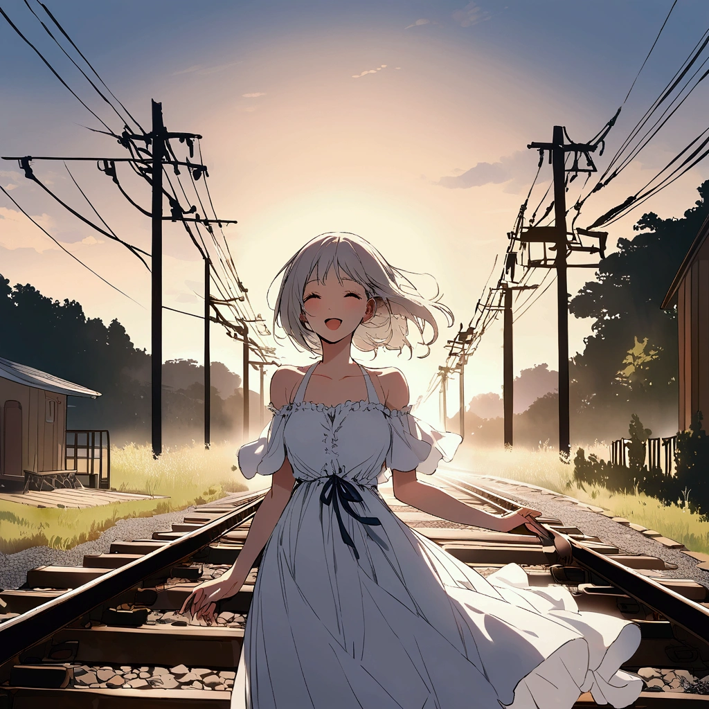 Station Summer Woman in a white dress Nostalgic Railroad tracks Electric wire