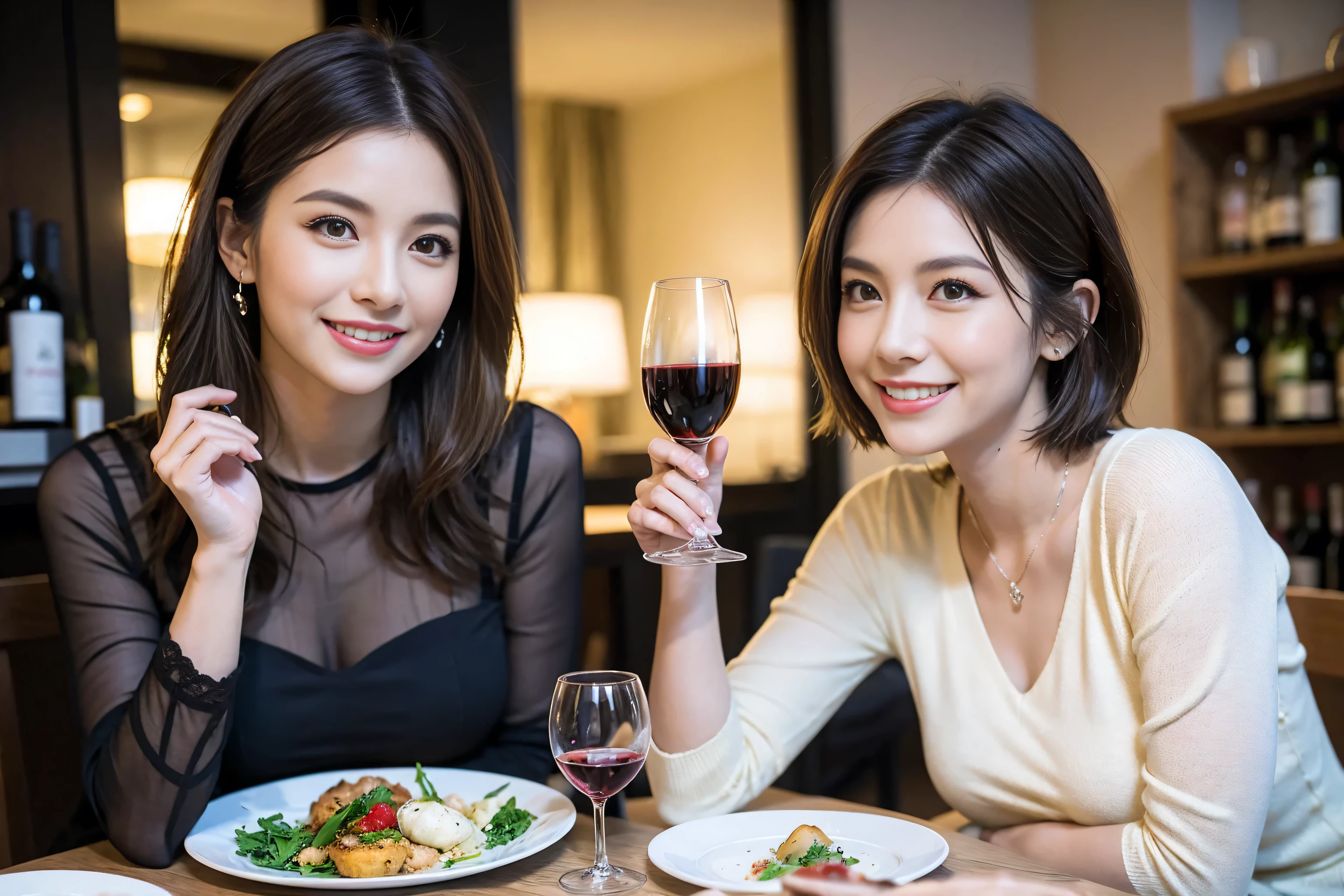 (Realistic:1.1),(masterpiece,Highest quality),8k,(49 years old), 53 years old, slimカップル、Tight waist,Upper Body,full-course dinner、wine 、Amazing view of the sunset sky and clouds、Perfect Anatomy, Brown Hair, short hair,Random Hairstyles,((Highly detailed face and eyes:1.2)),Perfect golden ratio face,Long sleeve shirt、dress,(smile:1.2)、Shortcuts、cute、(Realistic, Intricate details:1.2), A bright smile、short hair,Bright Face、赤wine 、Appetizers、Italian food、wine bottle、Champagne、スパークリングwine、(slimな顔), (The body is slim), (Brown Hair), (Shortcuts), Upper Body, 白wine, slim, wineグラス,