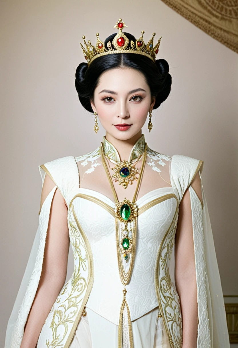 The Empress&#39;s large breasts, hairy lower abdomen and pubic hair are also visible in the nude.、 Her hair is tied up and pulled up with a gorgeous flower ornament on both sides.、The background of the crowning of the Qing Dynasty Empress is the stone paving of a Chinese palace during the Qing Dynasty.