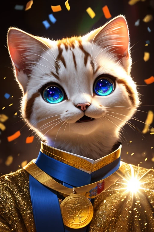 (Highest quality、masterpiece、8k))、Anatomically correct、Very detailed、High resolution、Realistic、((Beautiful, sparkling, detailed eyes))、Intricate details、Cinematic lighting、((Dynamic composition))、kitten、Big head、Confetti、kittenが拳を天に向かって突き上げる、Expression of joy、gold medal