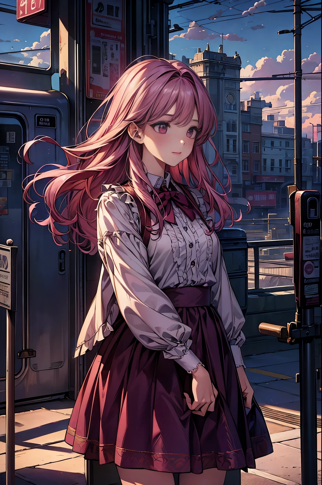magenta tint、vibrant with colors、((tmasterpiece)))、(((quality)))、((ultra - detailed))、(Surreal)、(Very detailed CG illustration)、offcial art、CD cover、It will be、midsummer、The glorious 1980s、1 Sister,ssmile、cochetti gorgeous、incomparable beauty、long whitr hair,short blouse,Superskirt、perfect angle、Perfectcomposition、corner store,(evening,trains station,trains,Cloud),