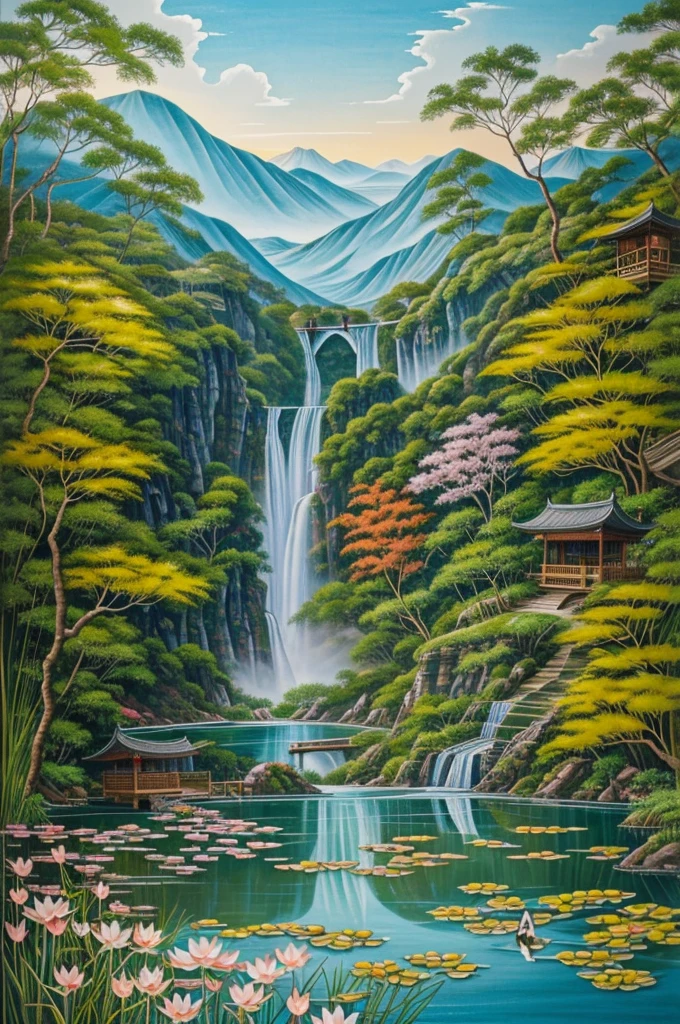 A painting of a waterfall with a lake and 9 carps in it. There are lotus flowers and bamboos beside them.