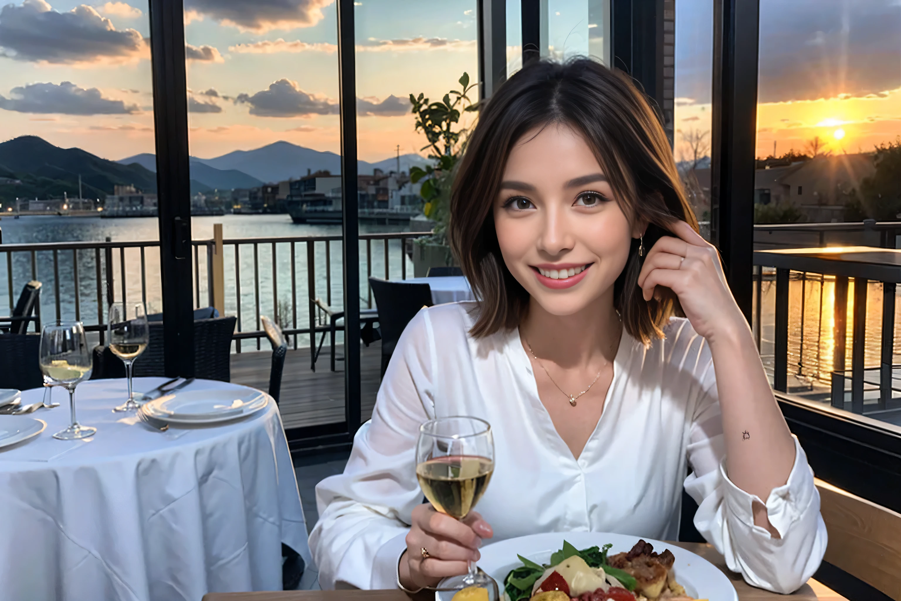 （Realistic:1.1）,(masterpiece,Highest quality)，8k,(49 years old), 53 years old, slimカップル、Tight waist,Upper Body,full-course dinner、wine 、Amazing view of the sunset sky and clouds、Perfect Anatomy, Brown Hair, short hair,Random Hairstyles,((Highly detailed face and eyes:1.2))，Perfect golden ratio face，Long sleeve shirt、dress,(smile:1.2)、Shortcuts、cute、(Realistic, Intricate details:1.2), A bright smile、short hair,Bright Face、赤wine 、Appetizers、Italian food、wine bottle、Champagne、スパークリングwine、(slimな顔), (The body is slim), (Brown Hair), (Shortcuts),  Upper Body, 白wine, slim, wineグラス, 