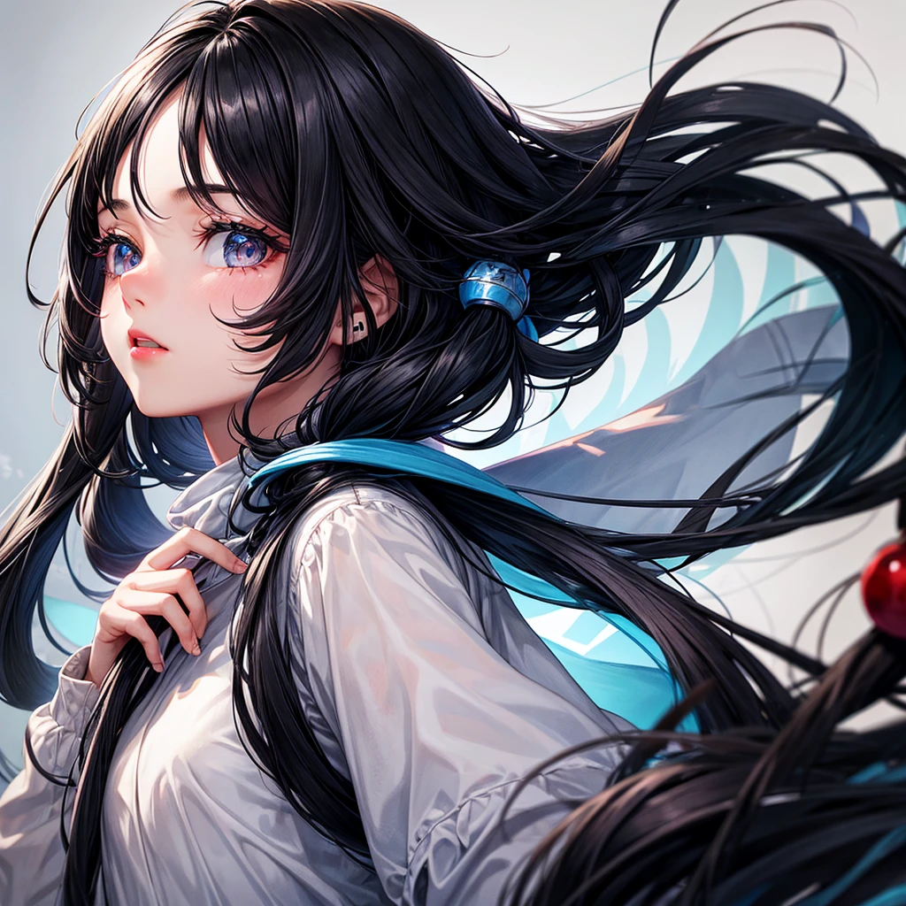 girl about 18. black long hair. the right eye is gray, the left is bright blue. small nose, plump red lips