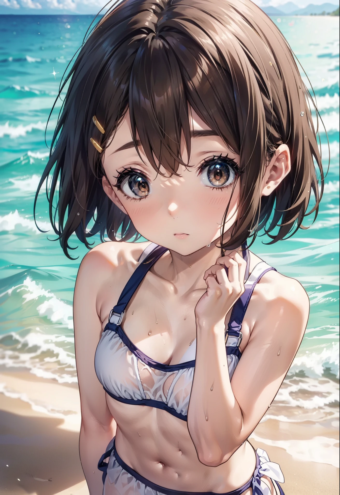 yuihirasawa, Yui Hirasawa, short hair, Brown Hair, hair ornaments, (Brown eyes:1.5), Hair Clip,White Bikini Swimsuit,barefoot,Wet Skin,Wet Hair,Wet swimsuit,sunset,evening,The sun is setting,Strolling on the sandy beach,whole bodyがイラストに入るように,
break oitdoors, Beach,
break looking at viewer, whole body,
break (masterpiece:1.2), Highest quality, High resolution, unity 8k wallpaper, (figure:0.8), (Beautiful attention to detail:1.6), Highly detailed face, Perfect lighting, Highly detailed CG, (Perfect hands, Perfect Anatomy),