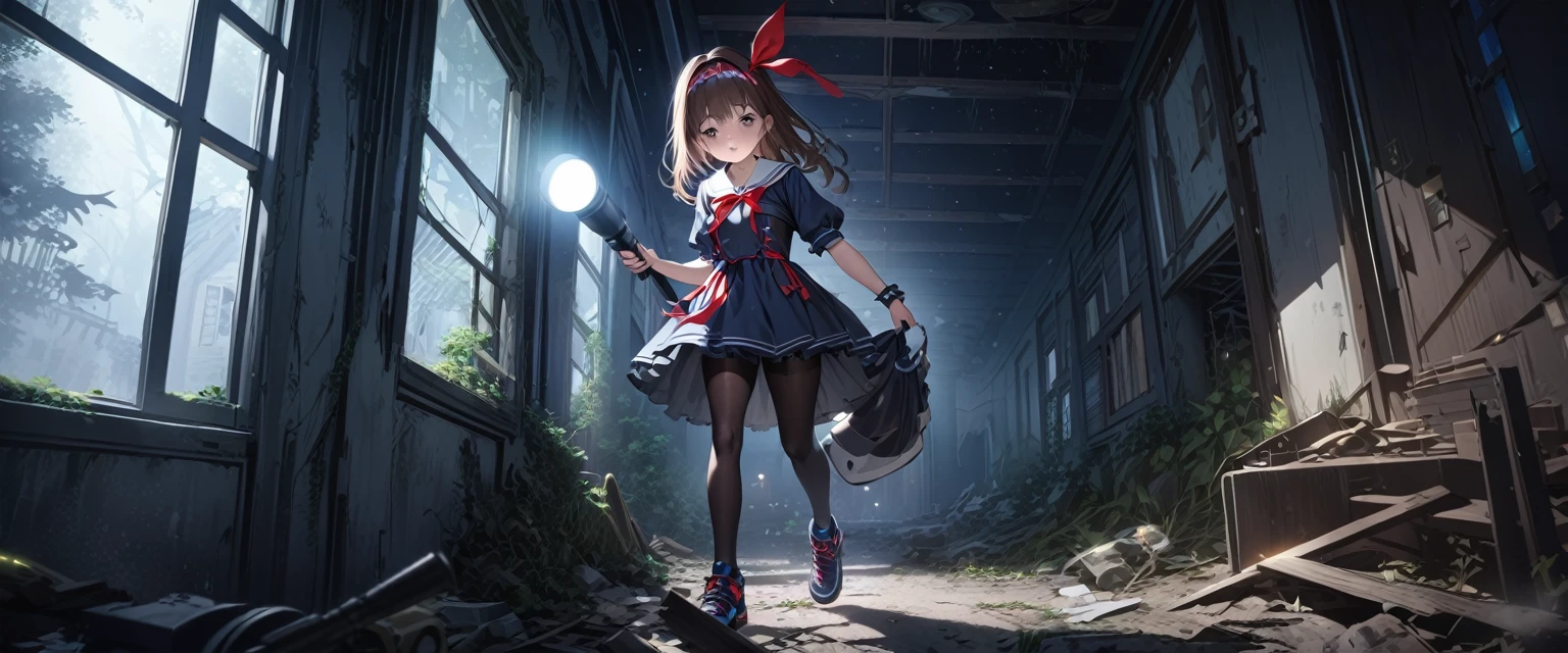 (Highest quality,4K,High resolution),Very detailed,Realistic, Japanese , Looks scared, Long brown hair,Mysterious, Ecomodernism, Bokeh, Ribbon Headband,Small breasts,futuristic sailor lolita dress,Puff sleeves,White and blue,Colorful lighting, Red ribbon, Dark blue pantyhose,sports boots, Have a flashlight, Walking alone through a haunted abandoned house, At night, Low light, darkness, Very detailed, 4K.