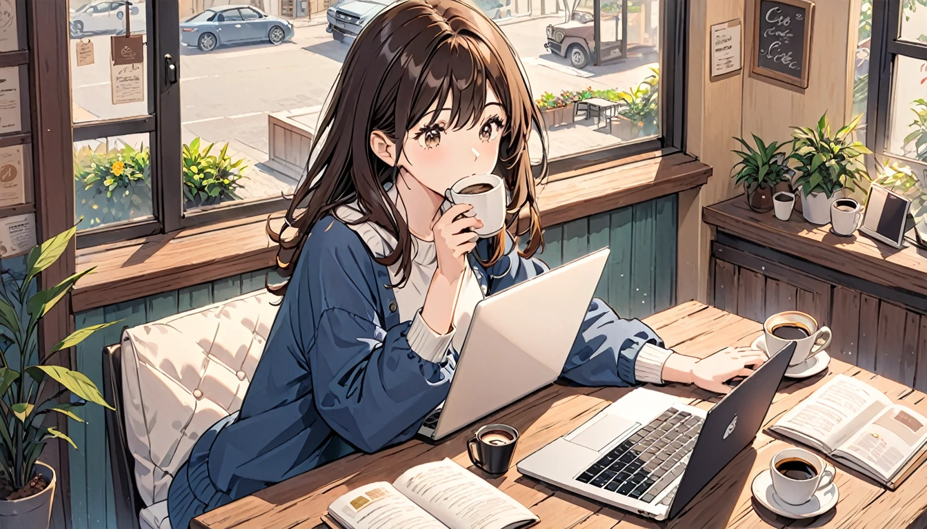 A cozy coffee shop,woman,Spread out your laptop and work,Drink coffee,Brown Hair,Black Hair,It's raining outside,Big window coffee shop,It's dim outside