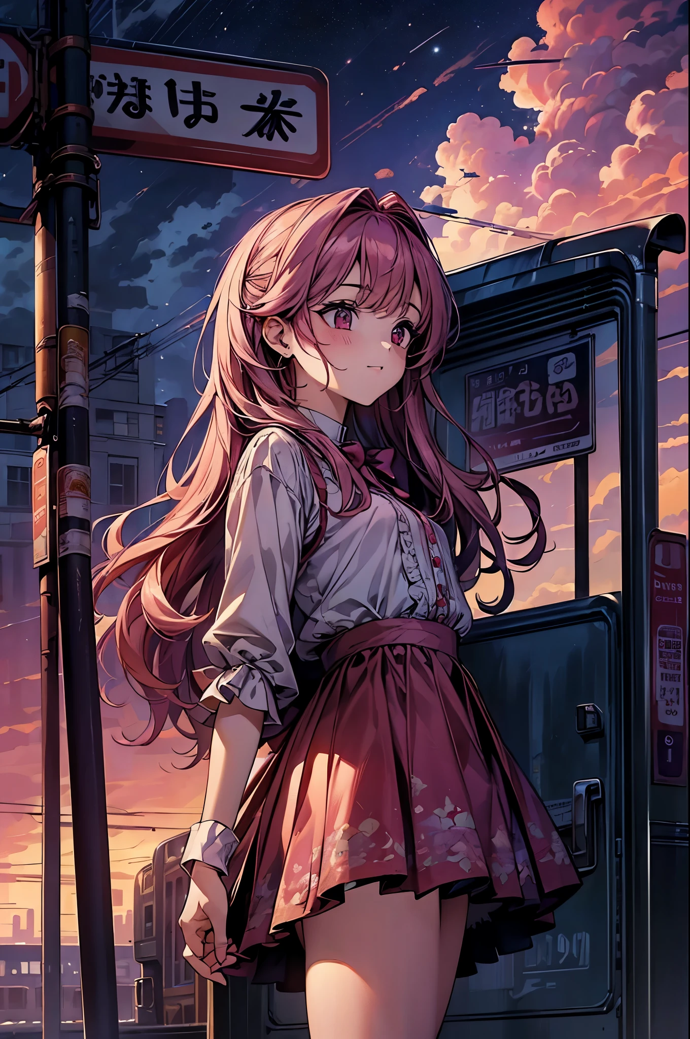 magenta tint、vibrant with colors、((tmasterpiece)))、(((quality)))、((ultra - detailed))、(Surreal)、(Very detailed CG illustration）、offcial art、CD cover、It will be、midsummer、The glorious 1980s、1 Sister，ssmile、cochetti gorgeous、incomparable beauty、long whitr hair，short blouse，Superskirt、perfect angle、Perfectcomposition、corner store，(evening，trains station，trains，Cloud)，